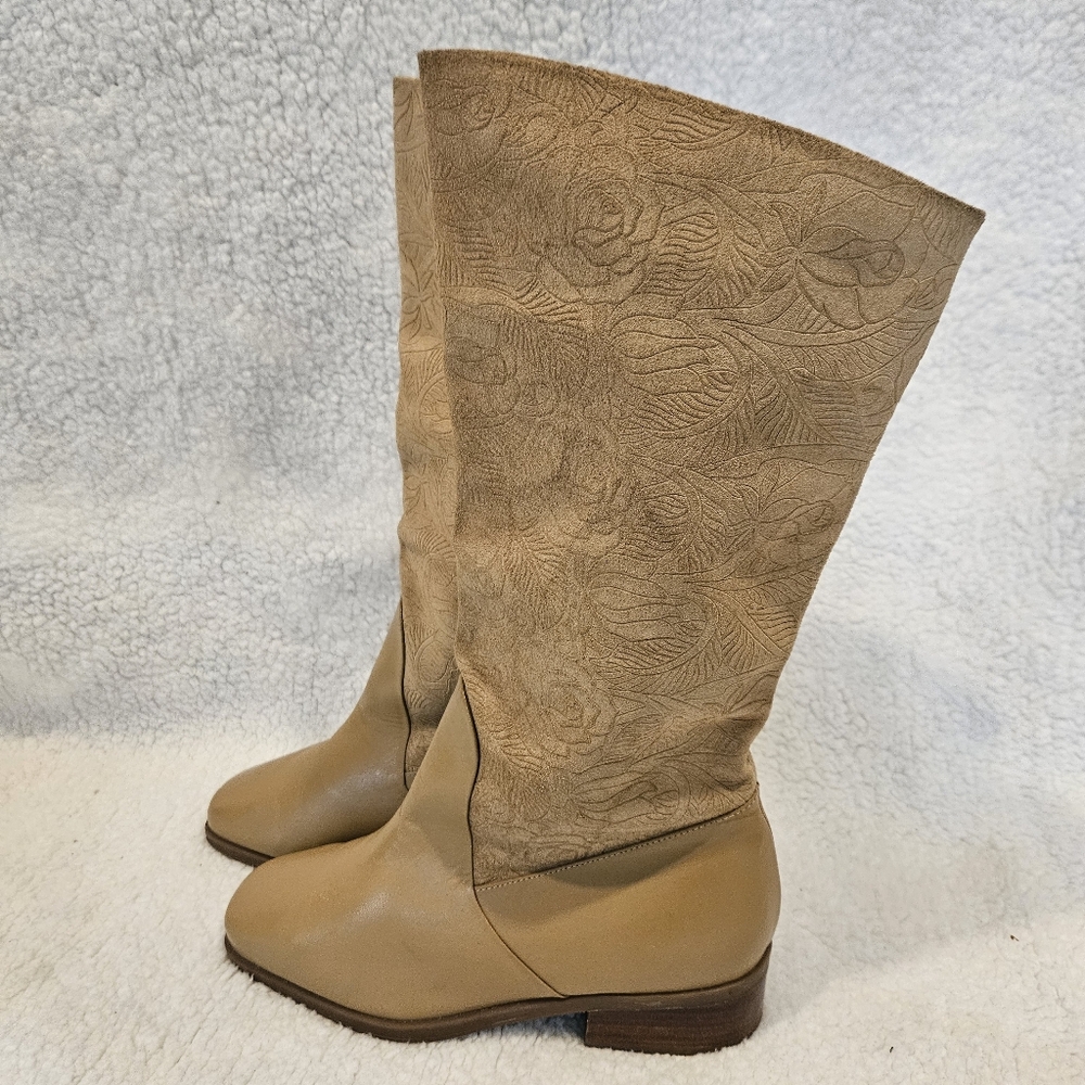 Vtg 90s Markon Tan Suede Leather Boots Suela 7.5M Mid Calf Embossed Rose Brazil